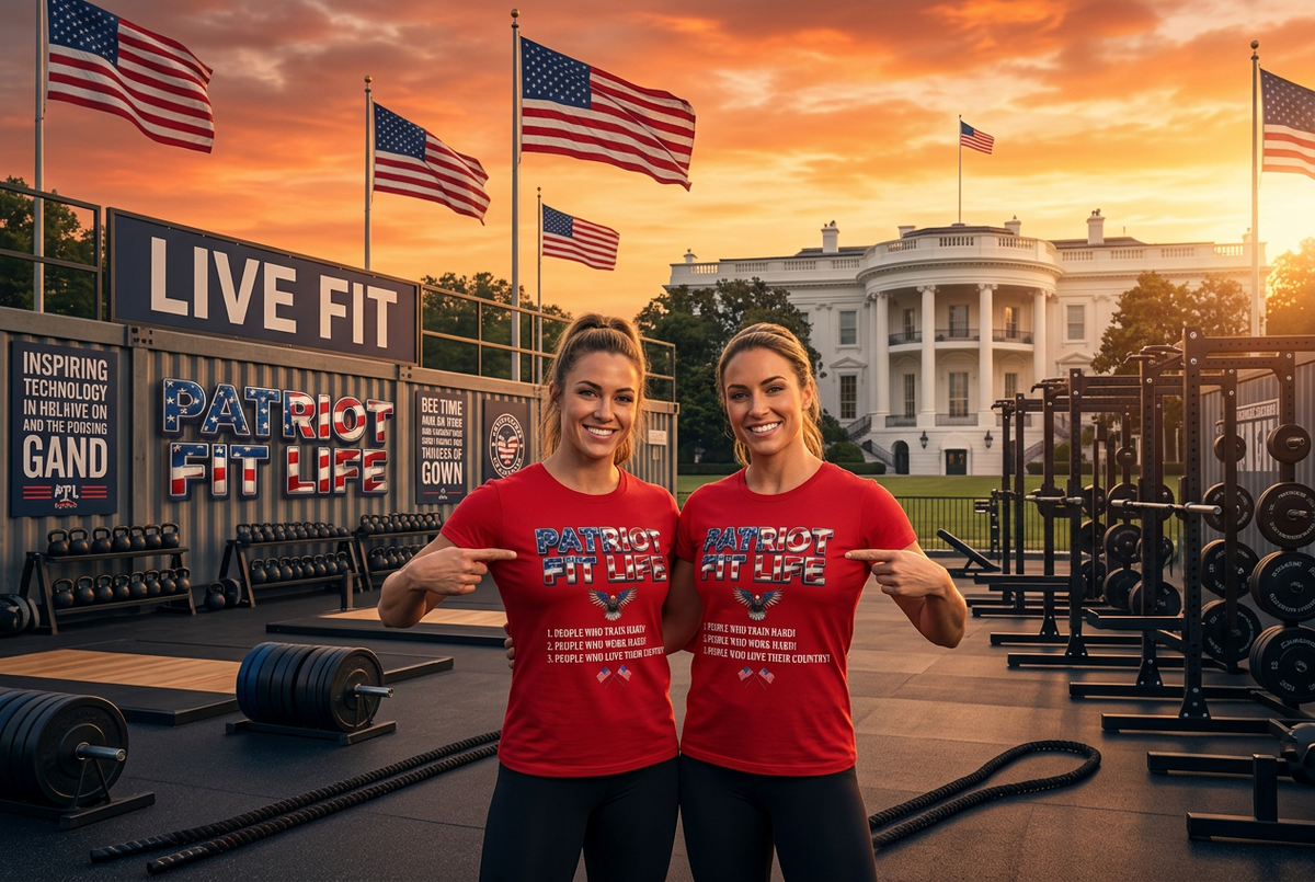 Two women standing in a gym at sunset wearing matching red t-shirts with the patriotic text PATRIOT FIT LIFE, with American flags, weight equipment, and the White House in the background.