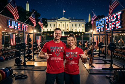 A male and a female standing in a nighttime outdoor gym in front of the White House, wearing matching red t-shirts with 'PATRIOT FIT LIFE' printed on the front. The gym has weight racks, barbells, American flags, and neon signs, including 'LIVE FIT' and 'PATRIOT FIT LIFE.'