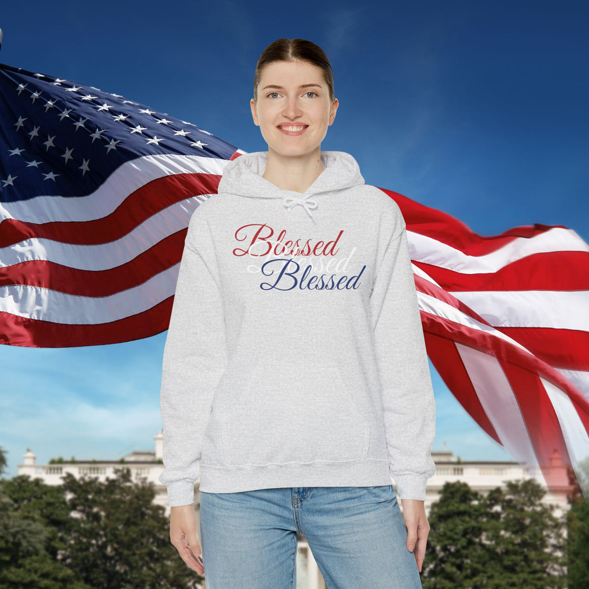 Blessed Hoodie - Patriotic Red White Blue - Unisex Pullover - Front & Back Print - S-5XL