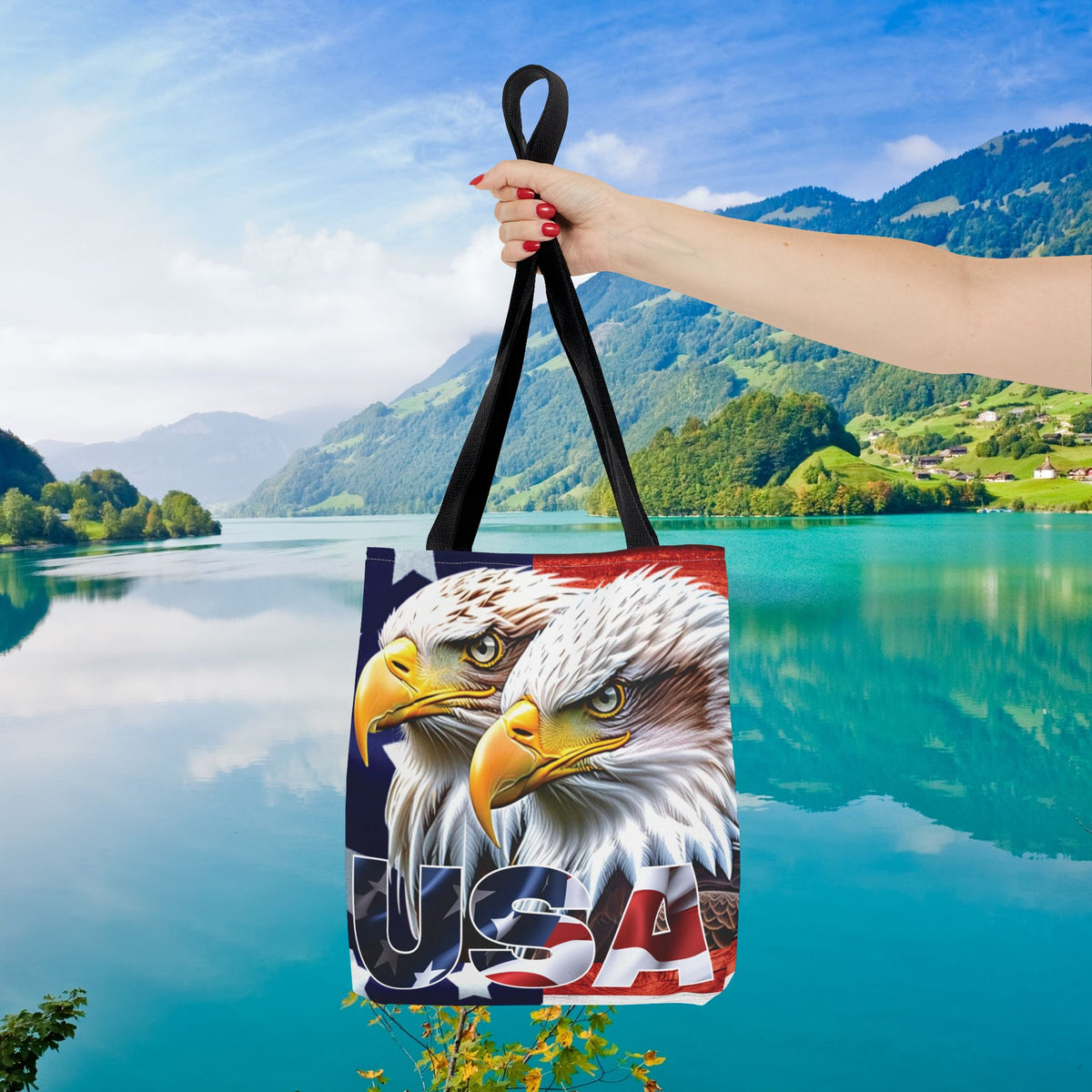 Patriotic - USA - Bald Eagles - Tote Bag - All Over Print - American Flag Design - Five Different Handle Colors - Red - Navy - Black - Beige - White- Different Print On Both Sides