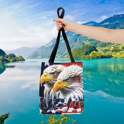 Patriotic - USA - Bald Eagles - Tote Bag - All Over Print - American Flag Design - Five Different Handle Colors - Red - Navy - Black - Beige - White- Different Print On Both Sides