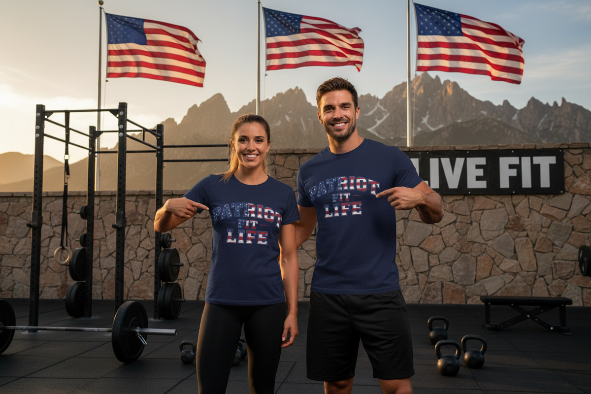 Two people wearing 'Patriot Fit for Life' t-shirts in a fitness setting with American flags in the background.