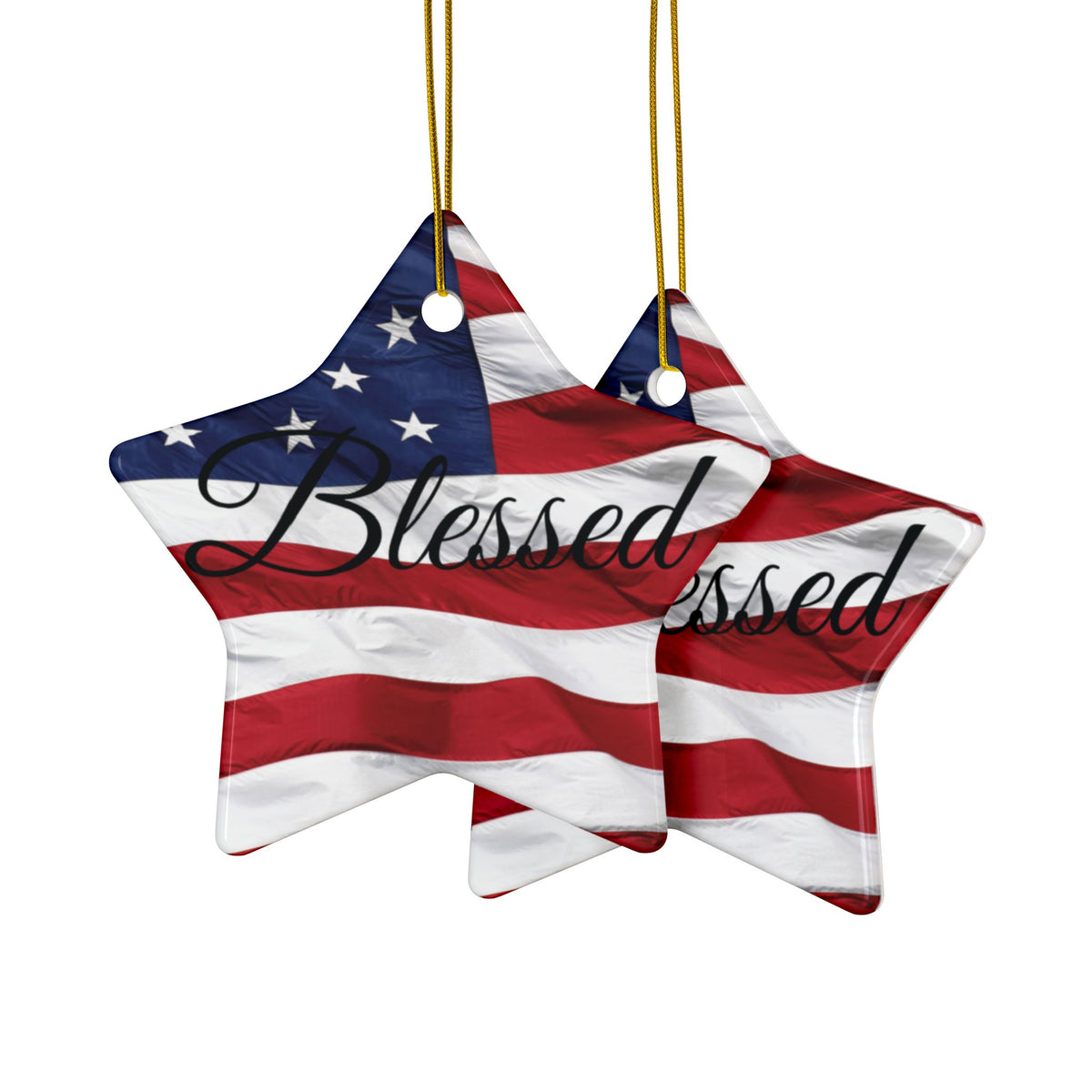Ceramic Ornaments - Patriotic - Blessed Print - American Flag Backdrop - Red White & Blue