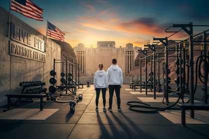 A man and a woman standing in a gym looking toward the Hoover Dam at sunset, with exercise equipment, ropes, dumbbells, and American flags in the foreground.