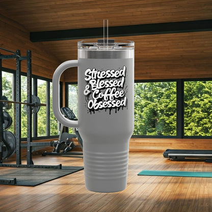 Stressed Blessed & Coffee Obsessed 40oz Travel Mug - Insulated - 7 Colors