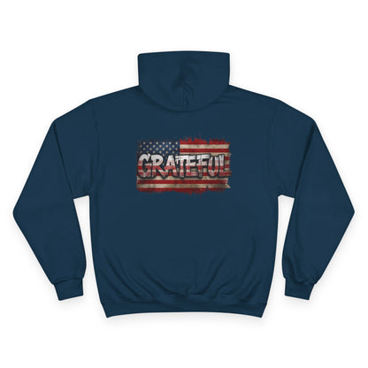 Grateful - Champion Hoodie - Vintage American Flag Design - Red White Blue - Unisex S-3XL