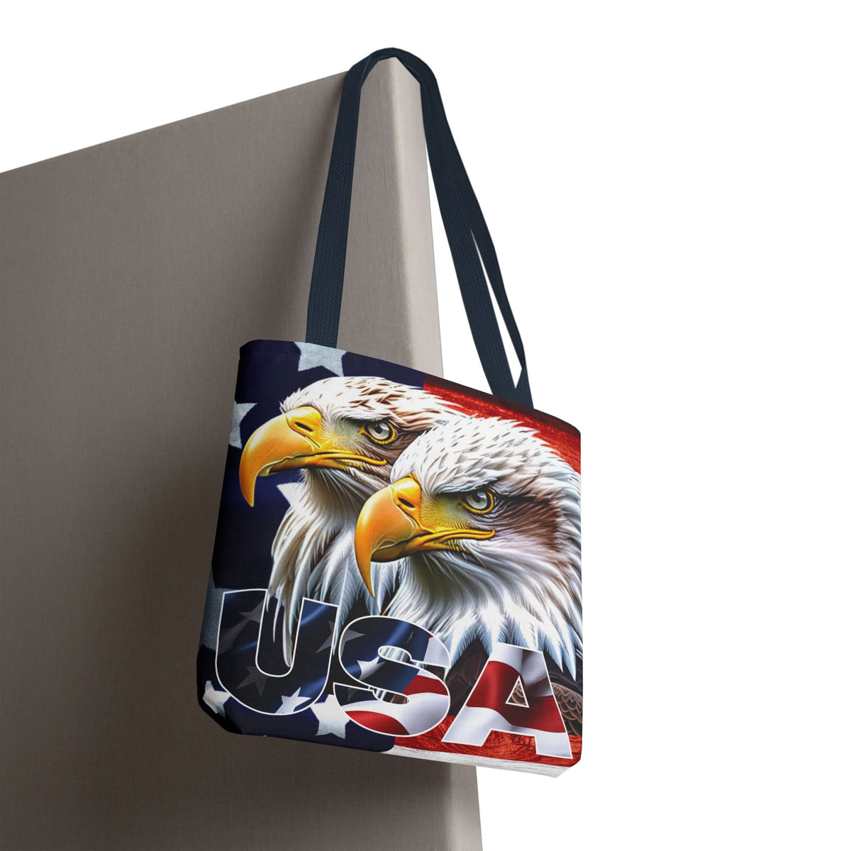 Patriotic - USA - Bald Eagles - Tote Bag - All Over Print - American Flag Design - Five Different Handle Colors - Red - Navy - Black - Beige - White- Different Print On Both Sides