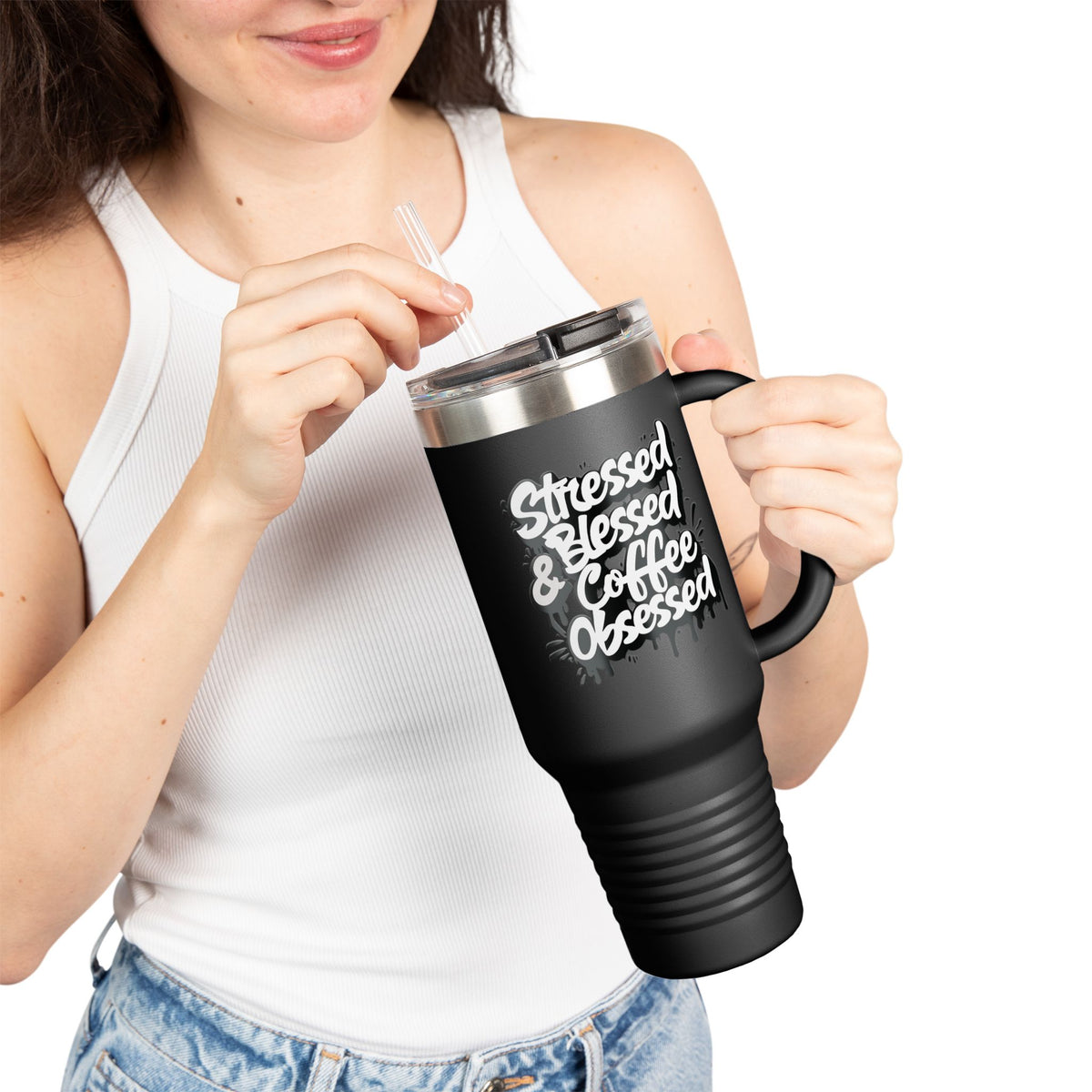 Stressed Blessed & Coffee Obsessed 40oz Travel Mug - Insulated - 7 Colors