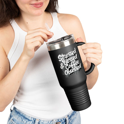 Stressed Blessed & Coffee Obsessed 40oz Travel Mug - Insulated - 7 Colors