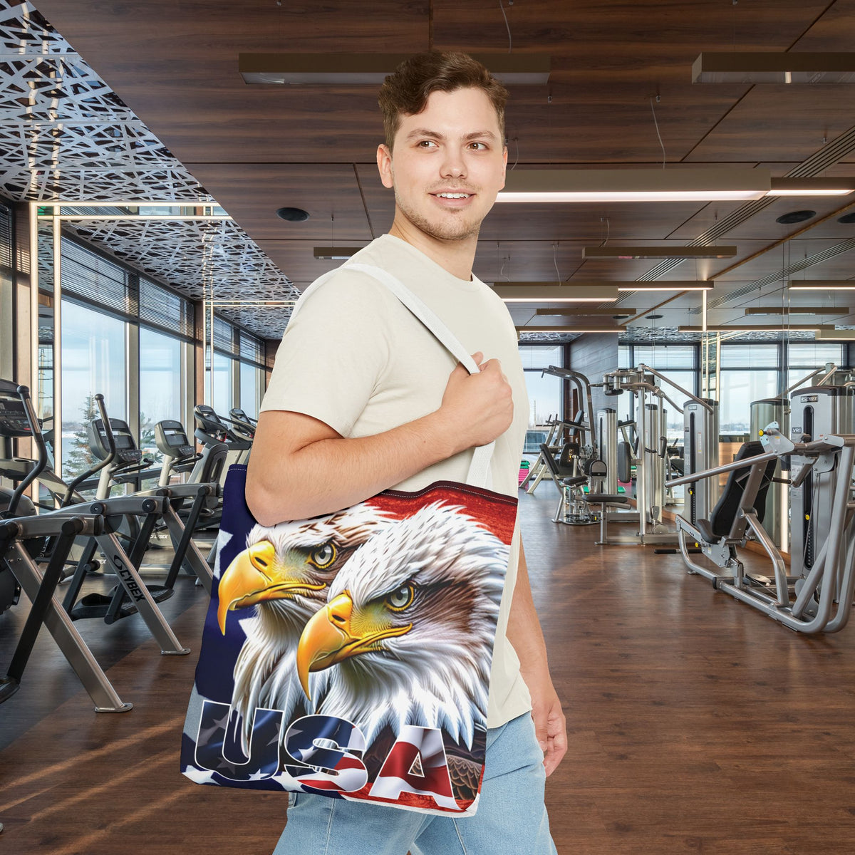 Patriotic - USA - Bald Eagles - Tote Bag - All Over Print - American Flag Design - Five Different Handle Colors - Red - Navy - Black - Beige - White- Different Print On Both Sides
