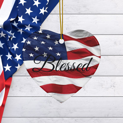 Ceramic Ornaments - Patriotic - Blessed Print - American Flag Backdrop - Red White & Blue