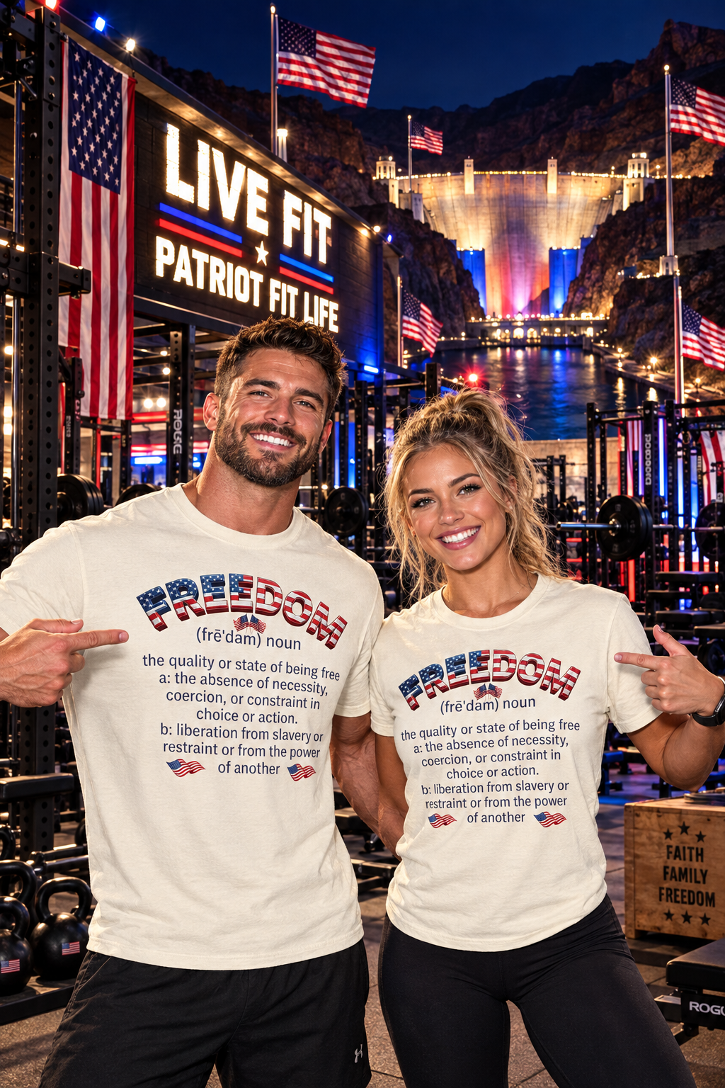 Two smiling people standing outdoors at night in front of a lit 'LIVE FIT PATRIOT FIT LIFE' sign and weight equipment, wearing matching white T-shirts with a patriotic red, white, and blue graphic and the word 'FREEDOM' across the chest.