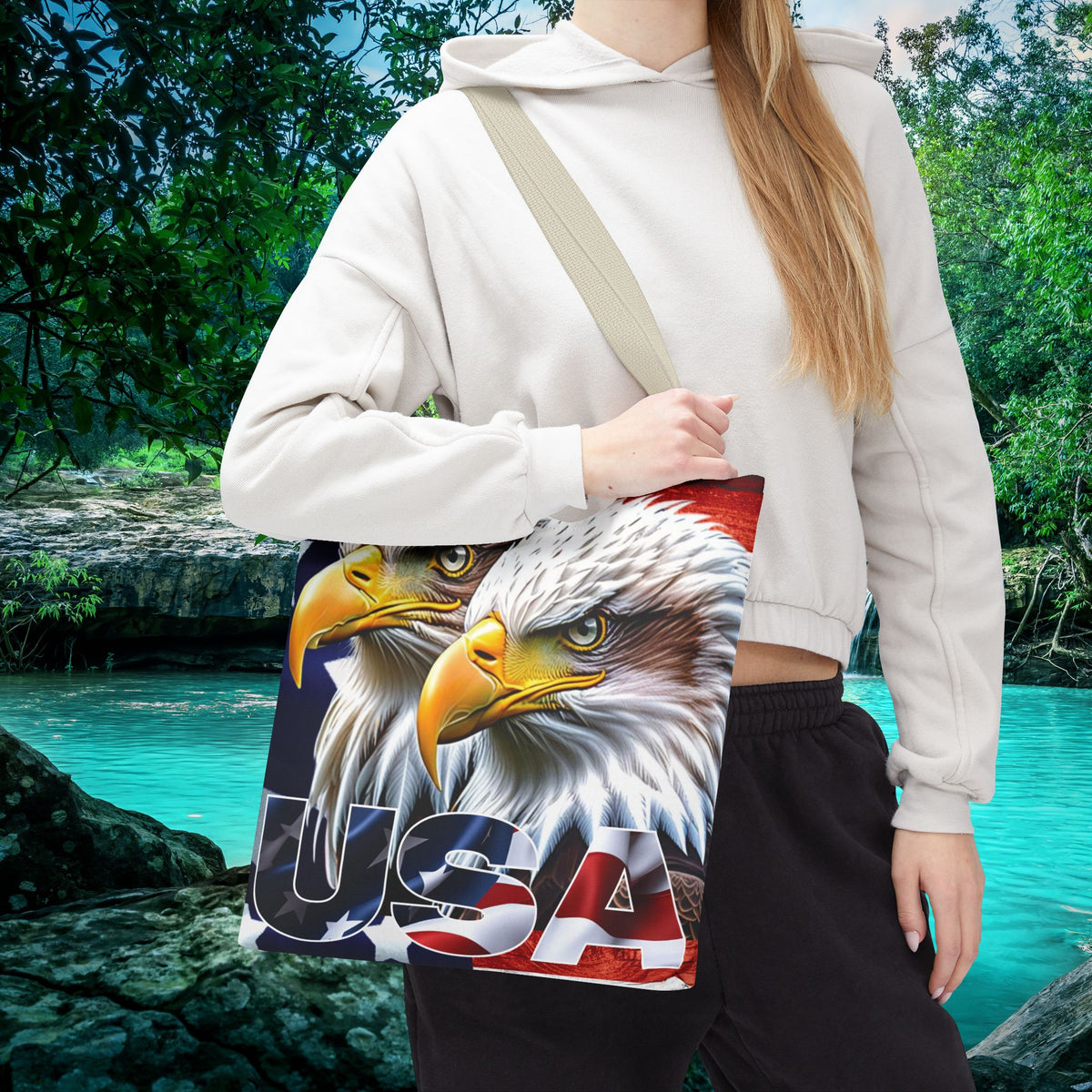 Patriotic - USA - Bald Eagles - Tote Bag - All Over Print - American Flag Design - Five Different Handle Colors - Red - Navy - Black - Beige - White- Different Print On Both Sides