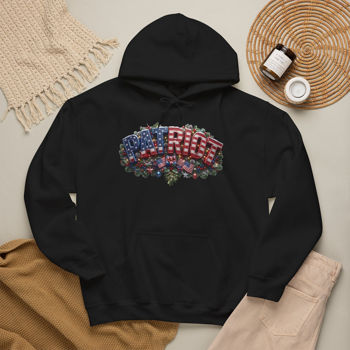 Patriot Christmas Hoodie - Arched PATRIOT Flag & Wreath Americana Graphic | Unisex S-5XL