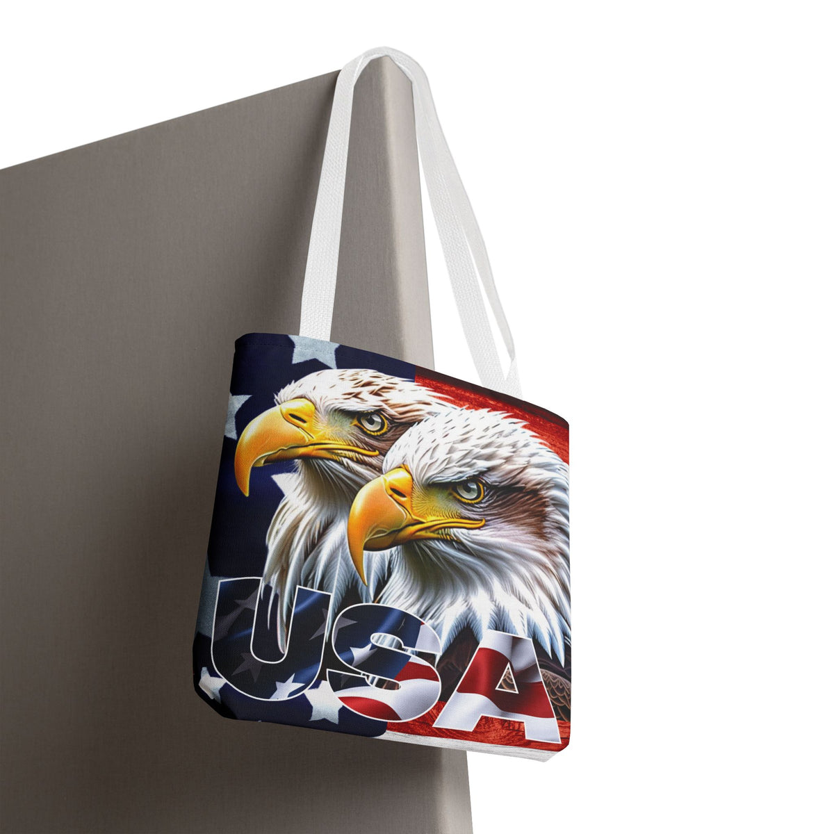 Patriotic - USA - Bald Eagles - Tote Bag - All Over Print - American Flag Design - Five Different Handle Colors - Red - Navy - Black - Beige - White- Different Print On Both Sides