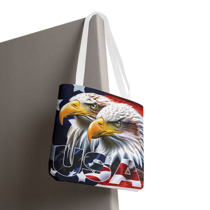 Patriotic - USA - Bald Eagles - Tote Bag - All Over Print - American Flag Design - Five Different Handle Colors - Red - Navy - Black - Beige - White- Different Print On Both Sides