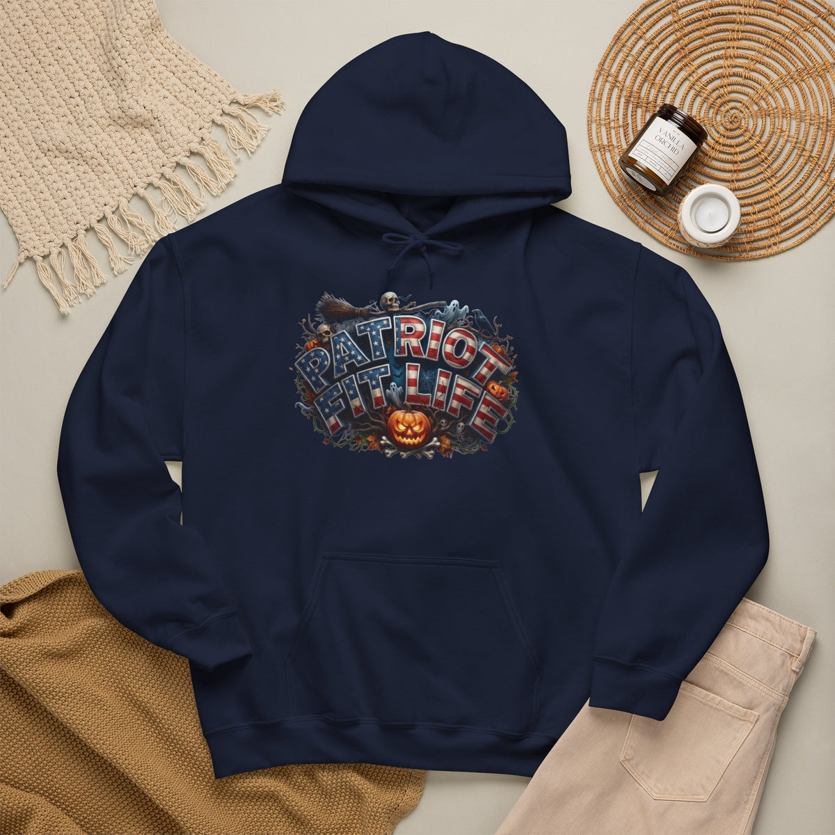 Patriot Fit Life Halloween Hoodie - Haunted Marquee Flag Graphic | Skeleton Pumpkin | Unisex S-5XL