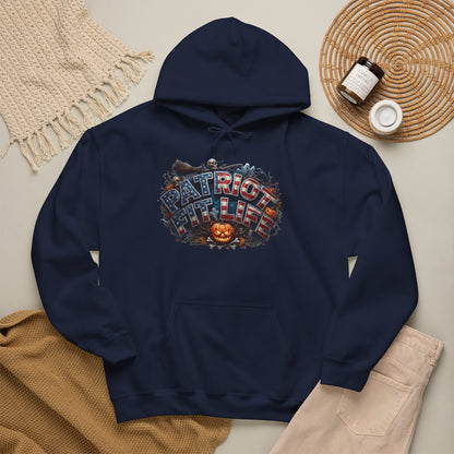 Patriot Fit Life Halloween Hoodie - Haunted Marquee Flag Graphic | Skeleton Pumpkin | Unisex S-5XL