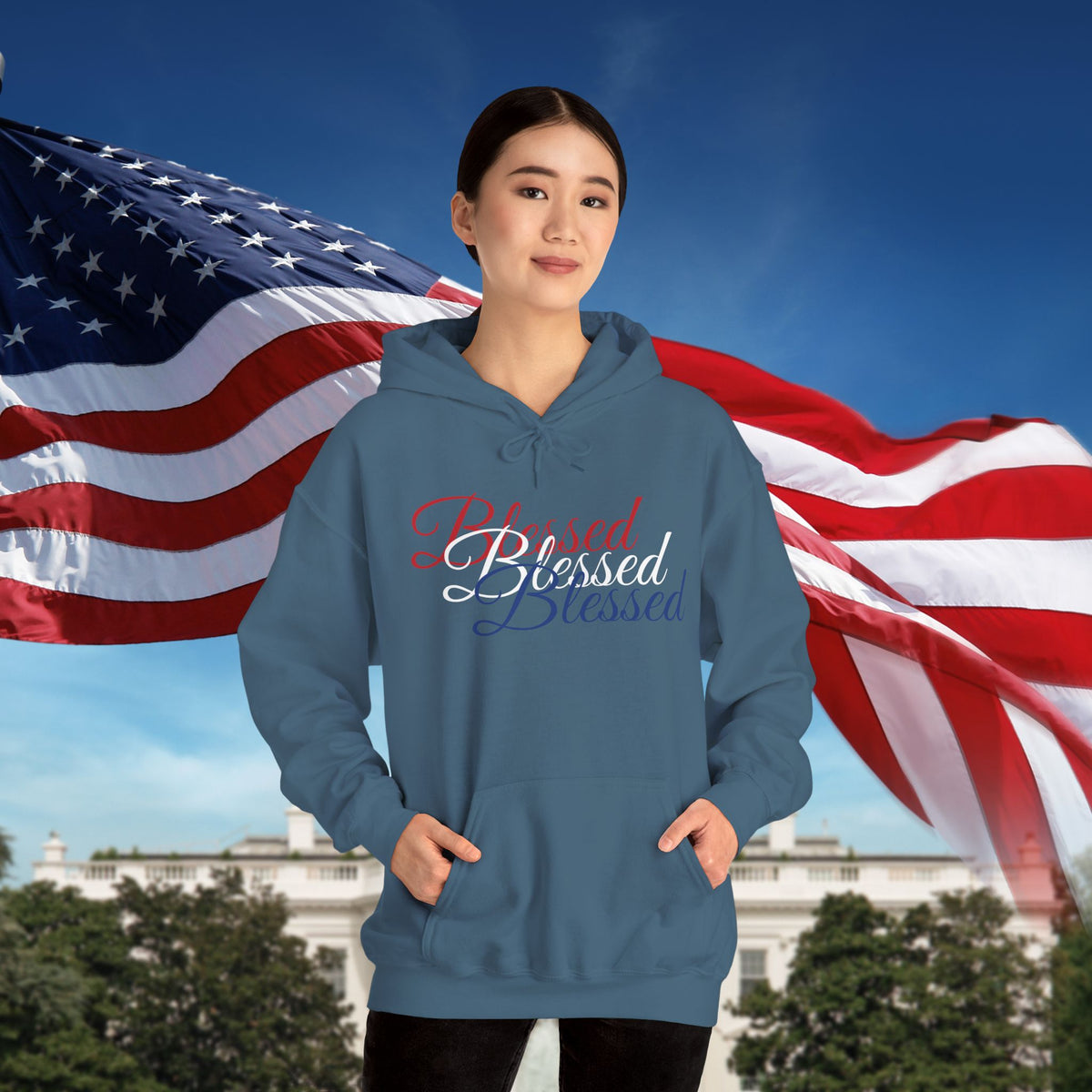 Blessed Hoodie - Patriotic Red White Blue - Unisex Pullover - Front & Back Print - S-5XL