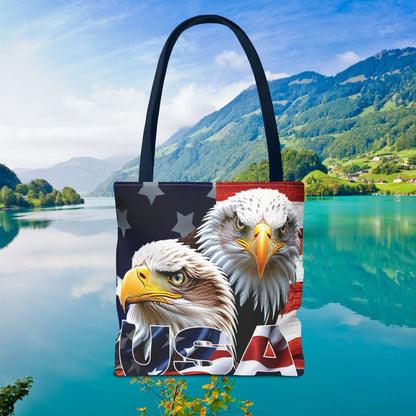 Patriotic - USA - Bald Eagles - Tote Bag - All Over Print - American Flag Design - Five Different Handle Colors - Red - Navy - Black - Beige - White- Different Print On Both Sides