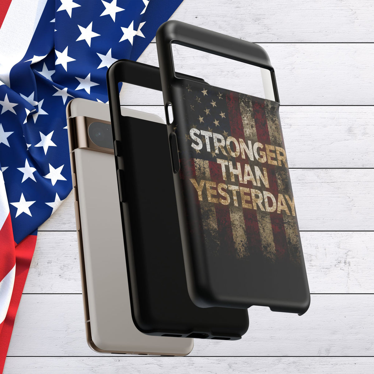 Patriotic Phone Case - Stronger Than Yesterday Design - Up Against a Vintage American Flag Background - Gift for Veterans - Motivational Quote - USA Pride - Independence Day