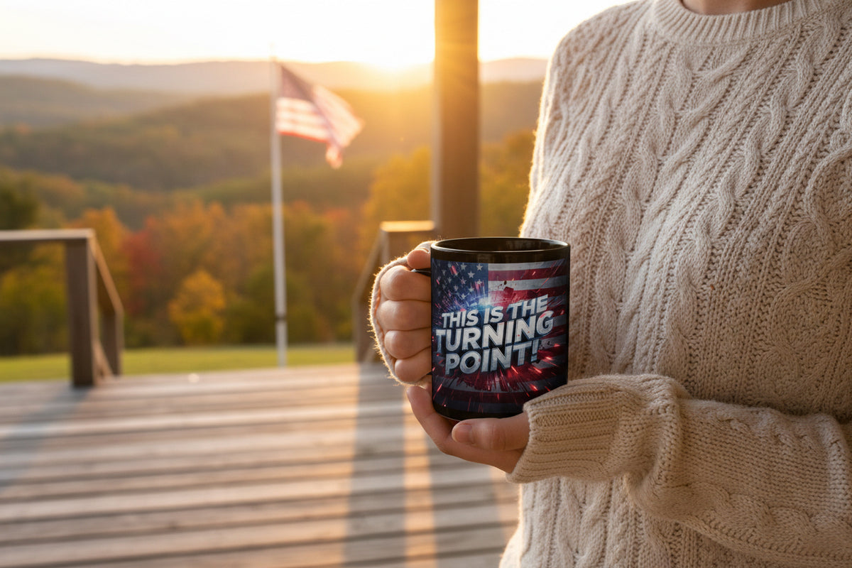 The Turning Point Black Ceramic Mug - Patriotic American Flag Design