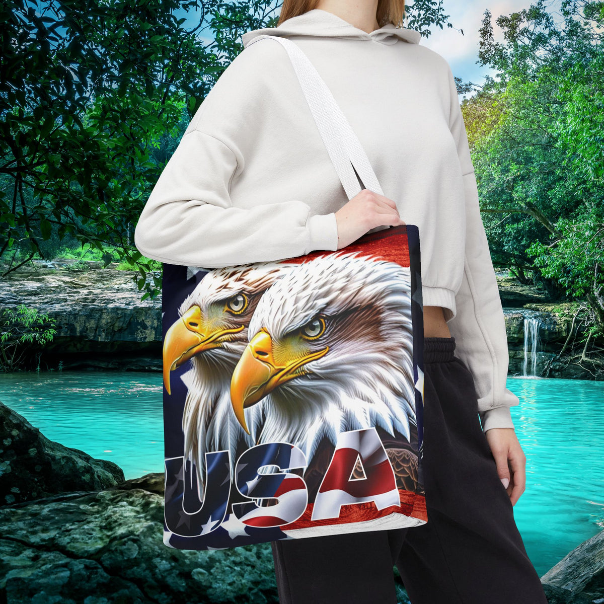 Patriotic - USA - Bald Eagles - Tote Bag - All Over Print - American Flag Design - Five Different Handle Colors - Red - Navy - Black - Beige - White- Different Print On Both Sides