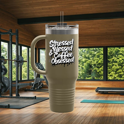 Stressed Blessed & Coffee Obsessed 40oz Travel Mug - Insulated - 7 Colors