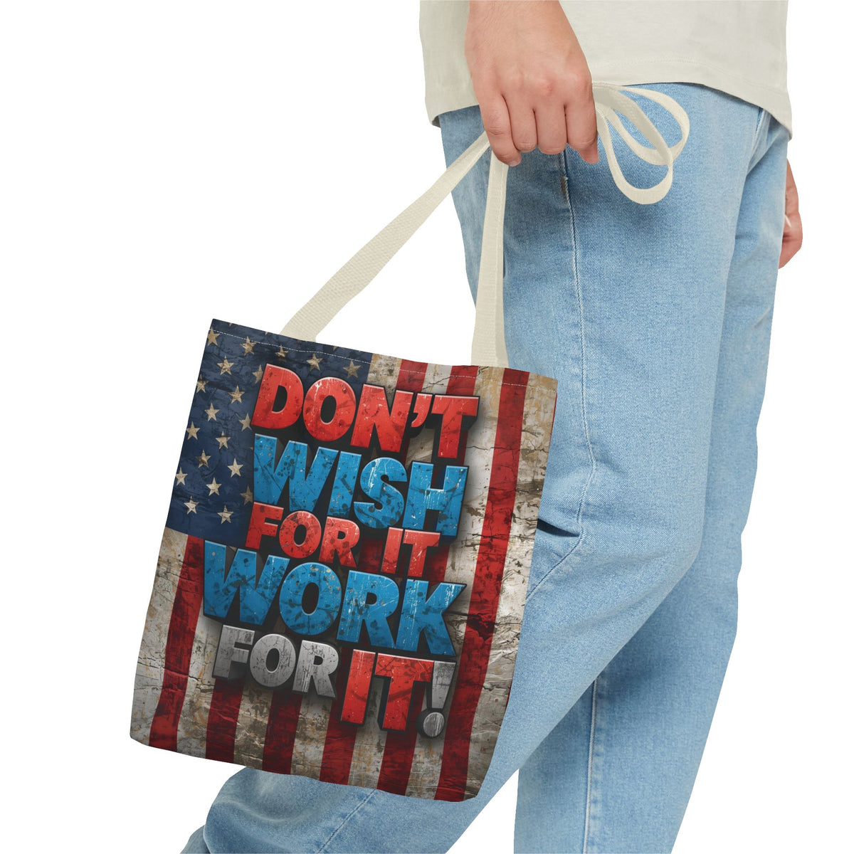 Motivational Tote Bag - Vintage American Flag Design - Don't Wish For It Work For It! - Gym - Grocery - Travel - Gifts - Everyday Carry