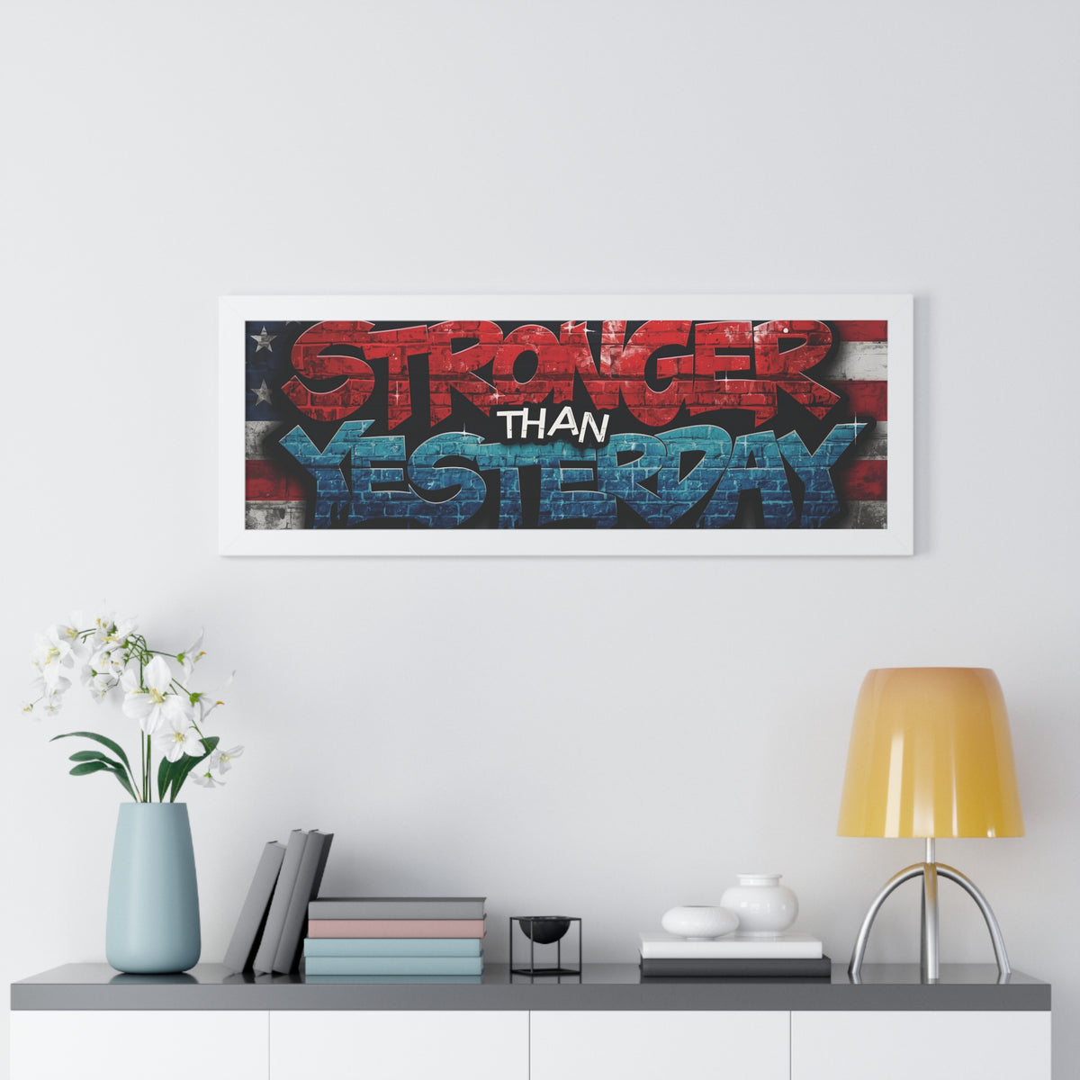 Patriotic Stronger Than Yesterday - Red White Blue - Wall Art Print, Framed Horizontal Poster, Inspirational Home Decor, Gift for Veterans, Americana Decor, Motivational Art