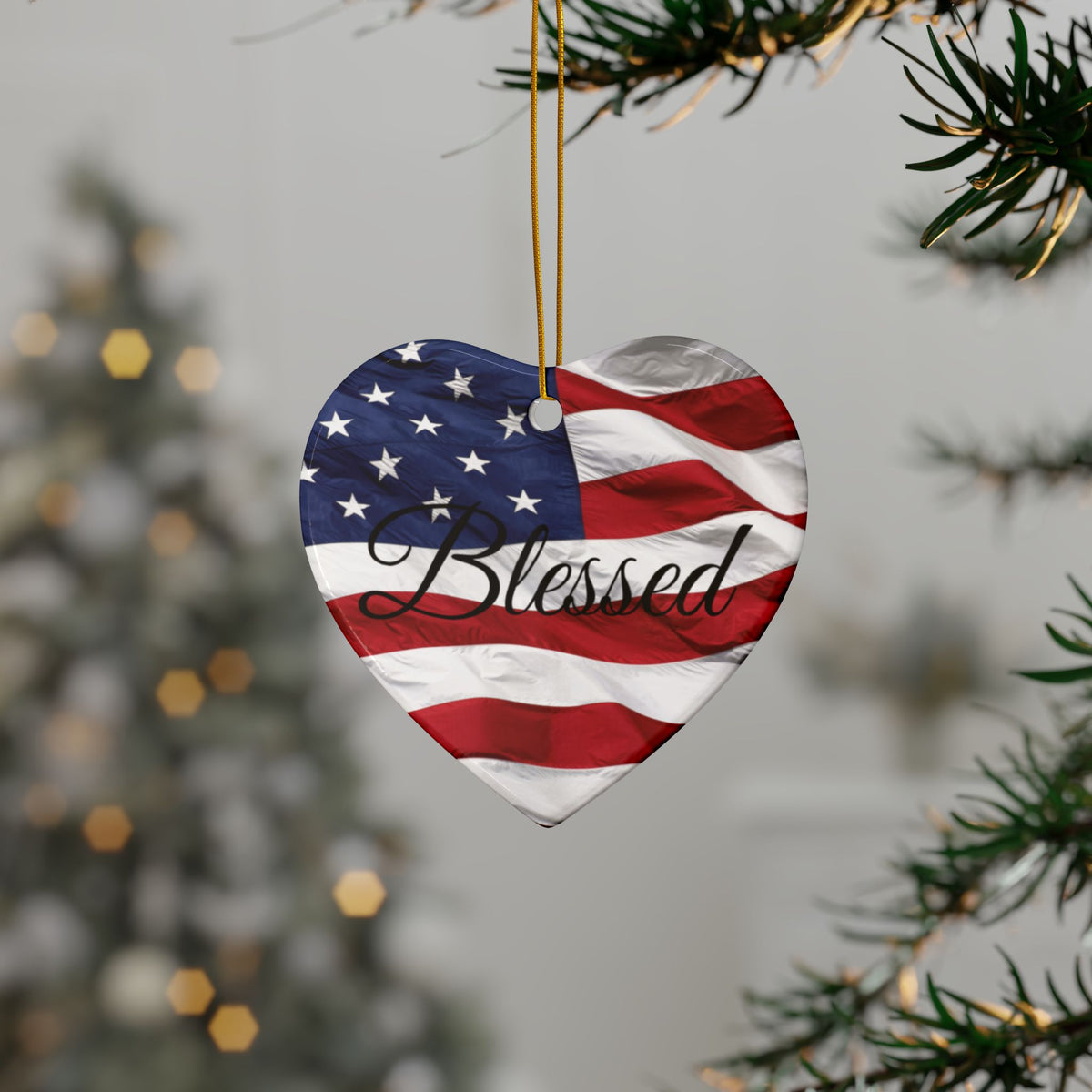 Ceramic Ornaments - Patriotic - Blessed Print - American Flag Backdrop - Red White & Blue