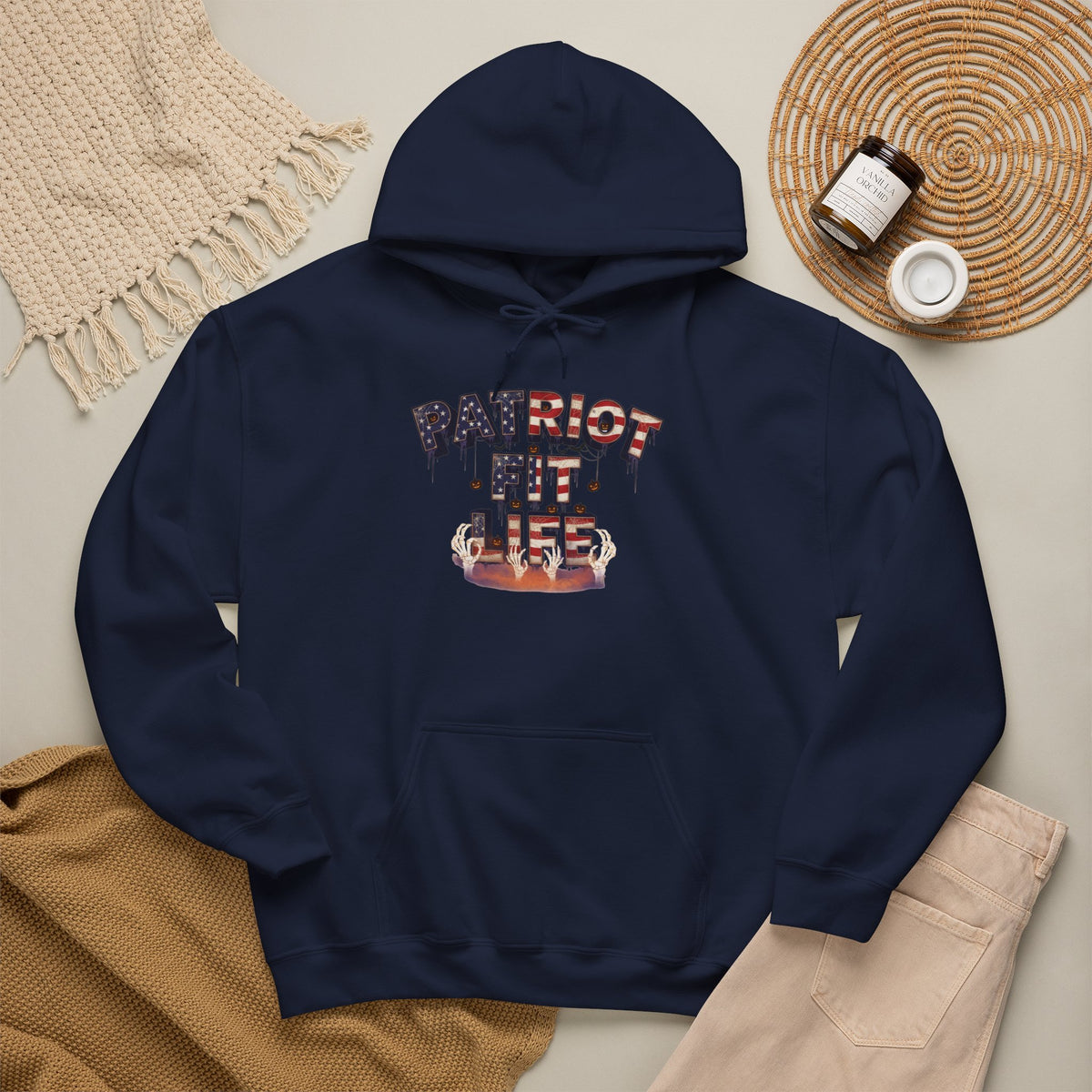 Halloween Patriot Fit Life Hoodie – American Flag Pumpkin Drip Graphic Pullover
