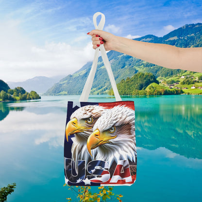 Patriotic - USA - Bald Eagles - Tote Bag - All Over Print - American Flag Design - Five Different Handle Colors - Red - Navy - Black - Beige - White- Different Print On Both Sides