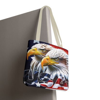 Patriotic - USA - Bald Eagles - Tote Bag - All Over Print - American Flag Design - Five Different Handle Colors - Red - Navy - Black - Beige - White- Different Print On Both Sides
