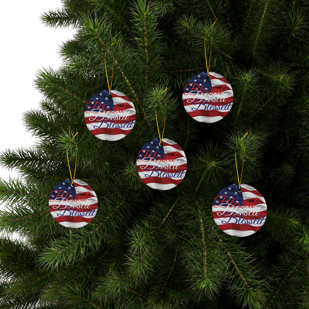 Patriotic Ceramic Ornaments - Blessed Design - American Flag Backdrop - Red White & Blue Blessed Print Design - (Multi-Pack) Options (1, 3, 5, or 10 pieces)