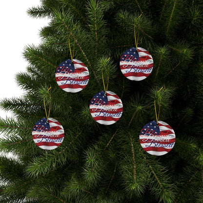 Patriotic Ceramic Ornaments - Blessed Design - American Flag Backdrop - Red White & Blue Blessed Print Design - (Multi-Pack) Options (1, 3, 5, or 10 pieces)