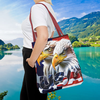 Patriotic - USA - Bald Eagles - Tote Bag - All Over Print - American Flag Design - Five Different Handle Colors - Red - Navy - Black - Beige - White- Different Print On Both Sides