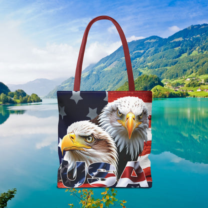 Patriotic - USA - Bald Eagles - Tote Bag - All Over Print - American Flag Design - Five Different Handle Colors - Red - Navy - Black - Beige - White- Different Print On Both Sides