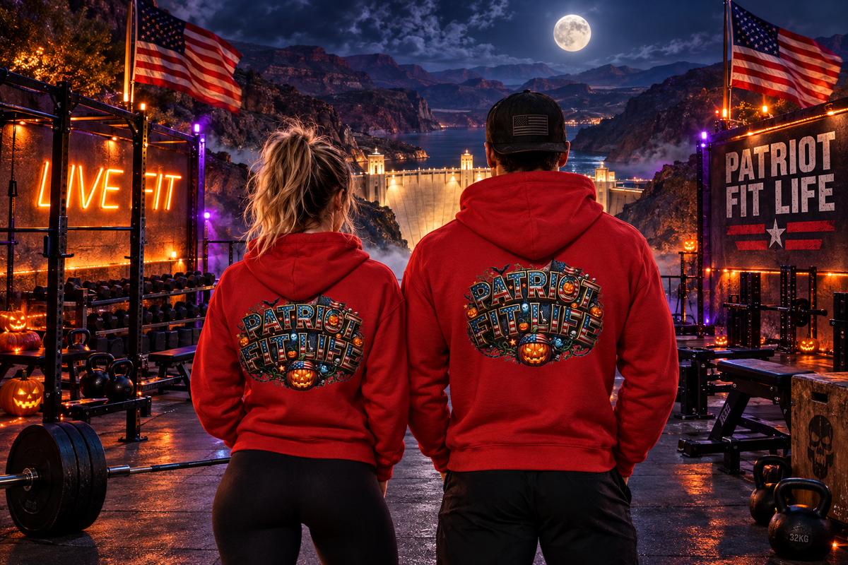 Patriot Fit Life Halloween Hoodie - Haunted Marquee Flag Graphic | Skeleton Pumpkin | Unisex S-5XL