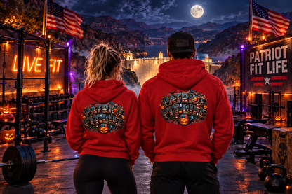 Patriot Fit Life Halloween Hoodie - Haunted Marquee Flag Graphic | Skeleton Pumpkin | Unisex S-5XL