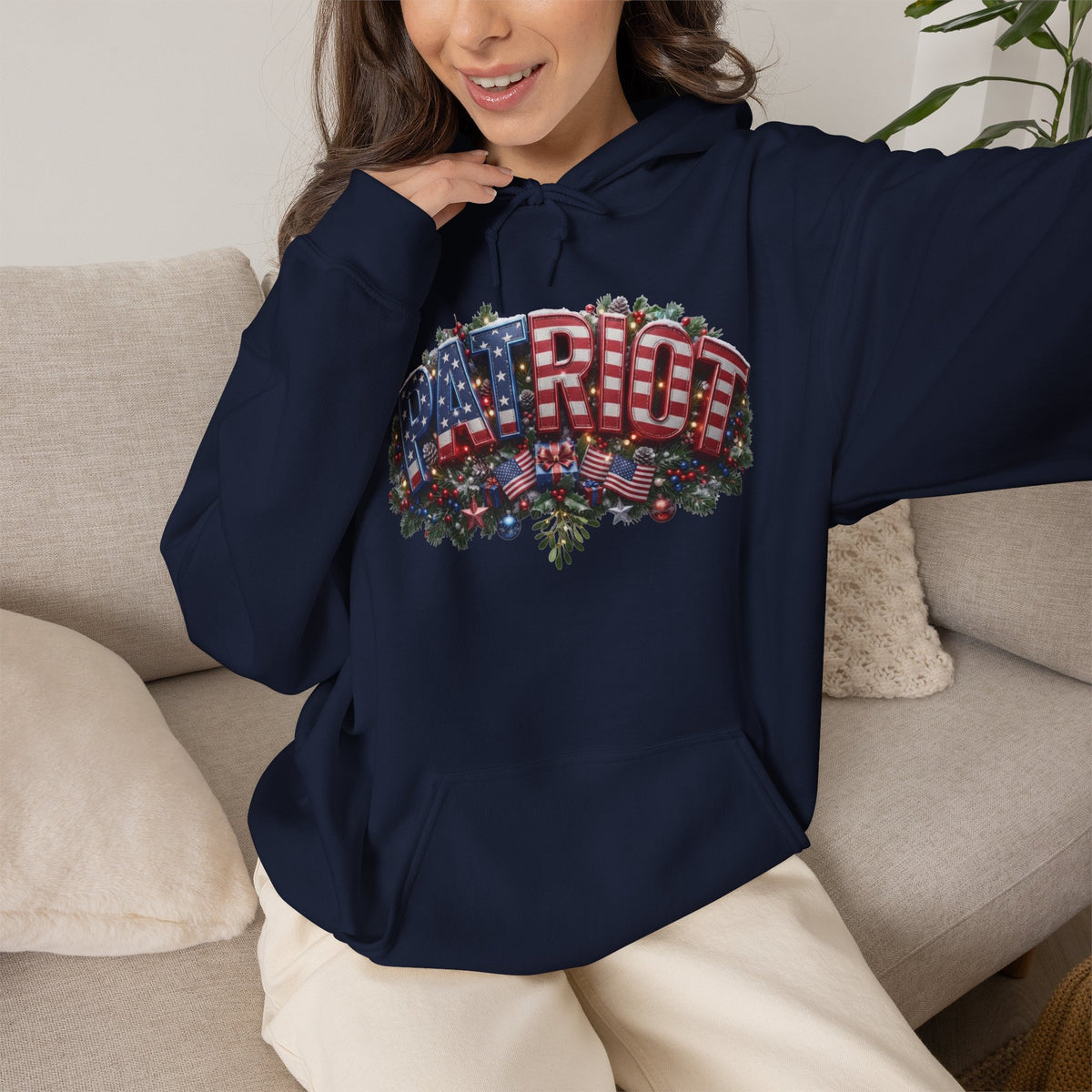 Patriot Christmas Hoodie - Arched PATRIOT Flag & Wreath Americana Graphic | Unisex S-5XL