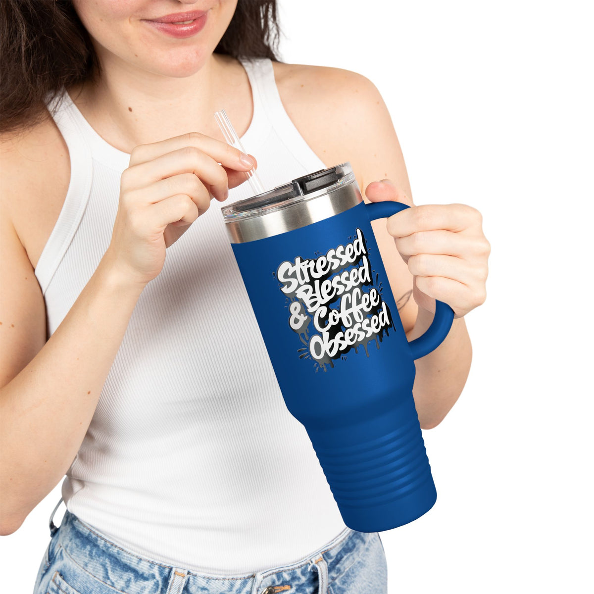 Stressed Blessed & Coffee Obsessed 40oz Travel Mug - Insulated - 7 Colors