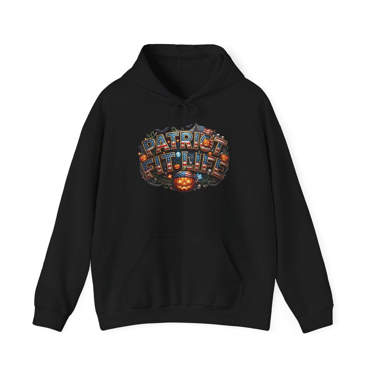 A black pullover hoodie with a Halloween PATRIOT FIT LIFE graphic design, displayed against a clean white background.