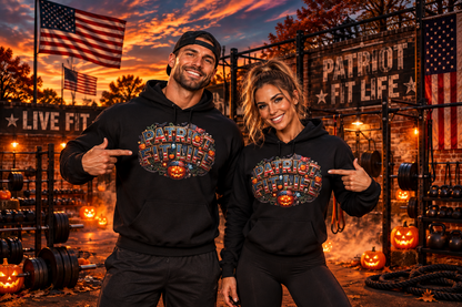 Patriot Fit Life Halloween Pumpkin Haunted House Hoodie - Vintage Spooky Scene