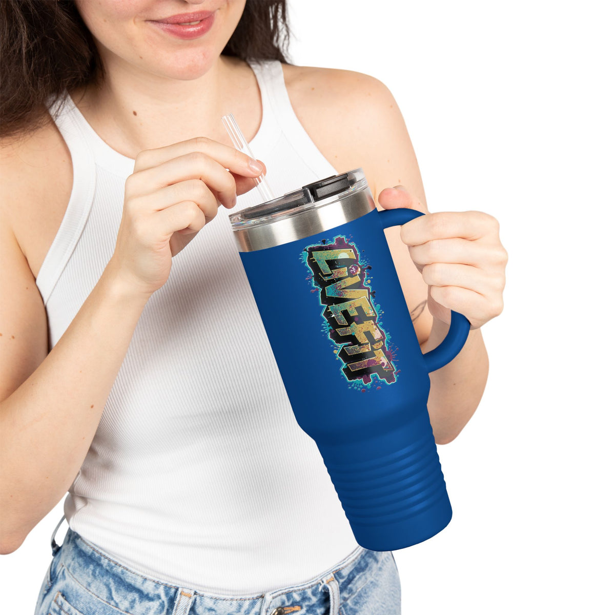 Insulated Travel Mug - Live Fit - 40oz Fitness Water Bottle - Gym Coffee Cup - Durable Travel Tumbler - Motivational Drinkware