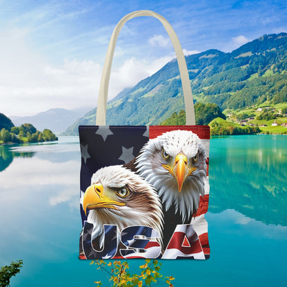Patriotic - USA - Bald Eagles - Tote Bag - All Over Print - American Flag Design - Five Different Handle Colors - Red - Navy - Black - Beige - White- Different Print On Both Sides