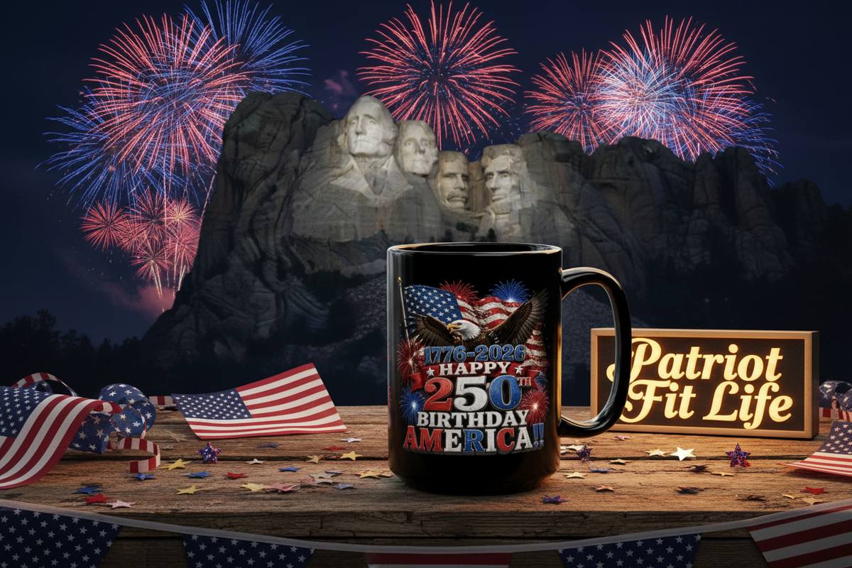 Happy 250th Birthday America Mug | 1776-2026 Patriotic Eagle Flag & Fireworks Black Coffee Cup