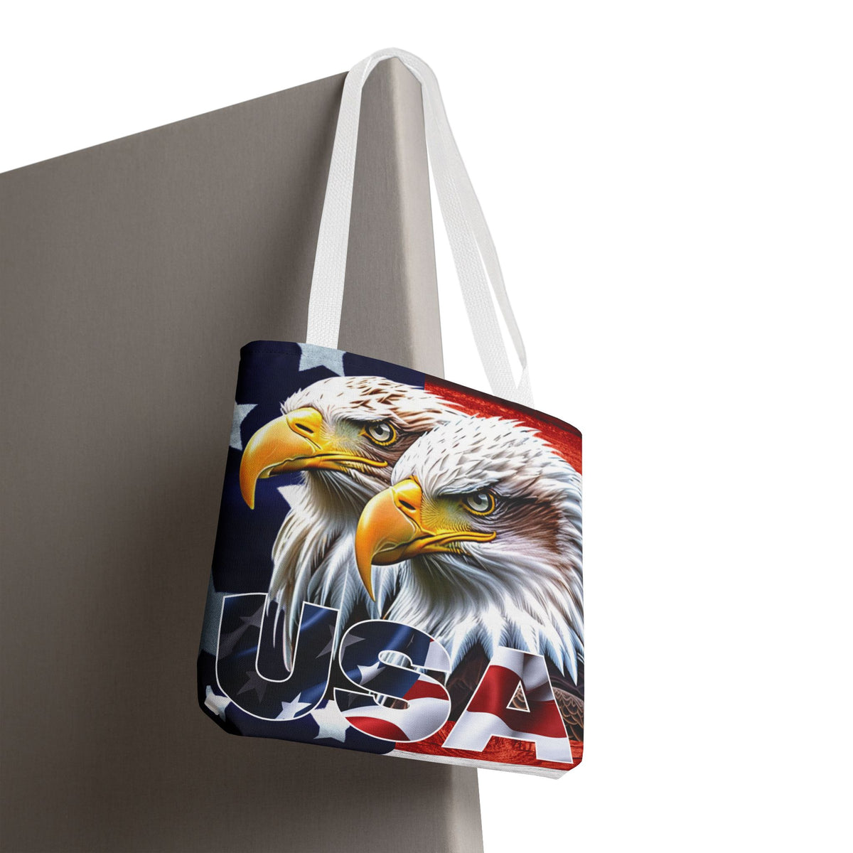 Patriotic - USA - Bald Eagles - Tote Bag - All Over Print - American Flag Design - Five Different Handle Colors - Red - Navy - Black - Beige - White- Different Print On Both Sides