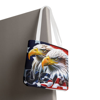 Patriotic - USA - Bald Eagles - Tote Bag - All Over Print - American Flag Design - Five Different Handle Colors - Red - Navy - Black - Beige - White- Different Print On Both Sides