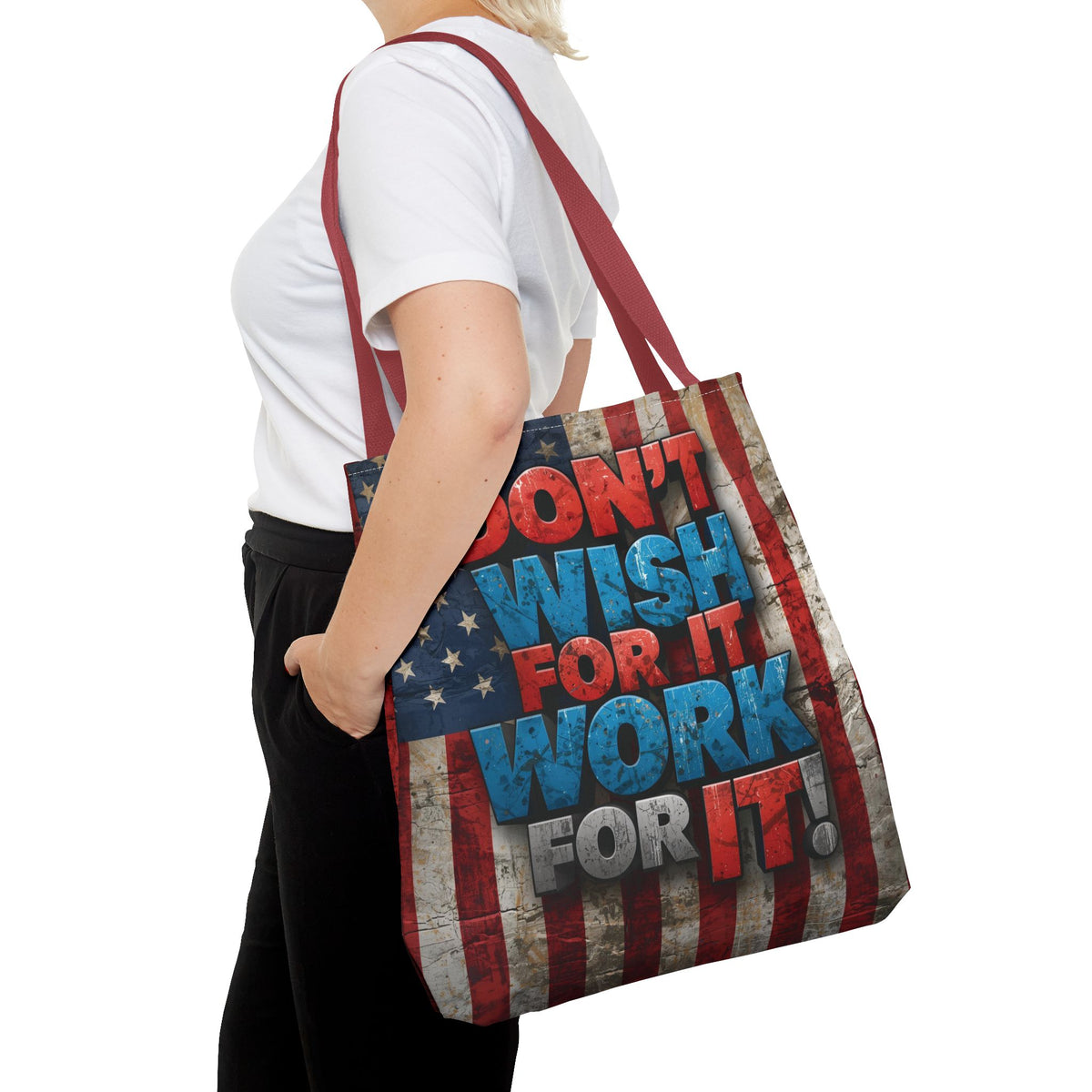 Motivational Tote Bag - Vintage American Flag Design - Don't Wish For It Work For It! - Gym - Grocery - Travel - Gifts - Everyday Carry